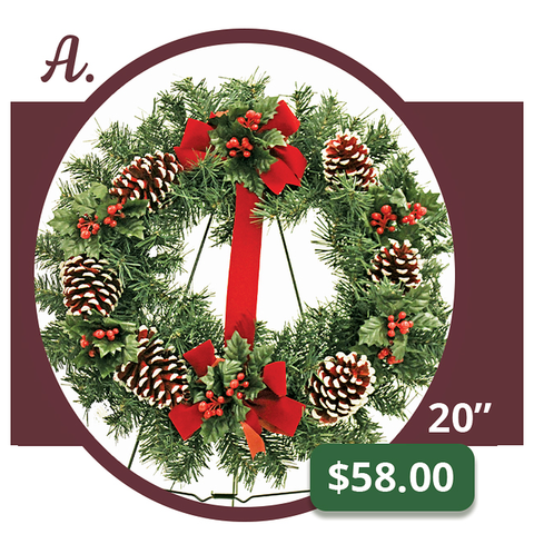 A - 20" White-Tipped Red Cone Wreath & Bow