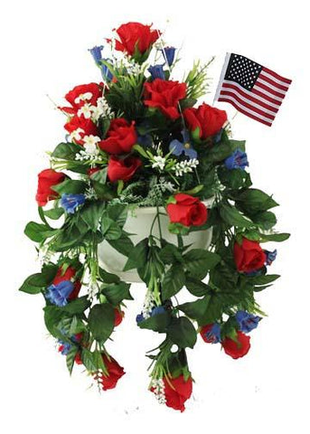 Deluxe Hanging Flower Basket with Shepherd Hook Rental - Red, White & Blue