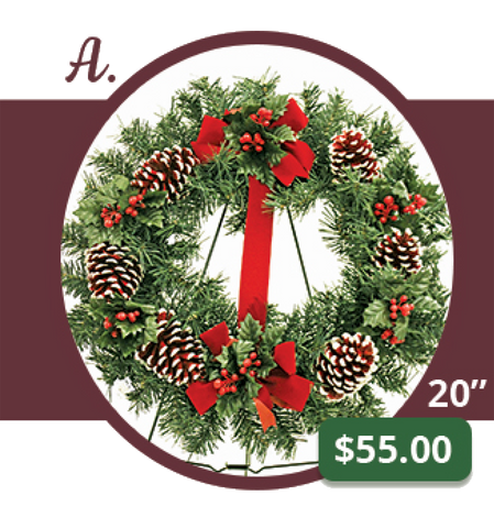 A - 20" White-Tipped Red Cone Wreath & Bow